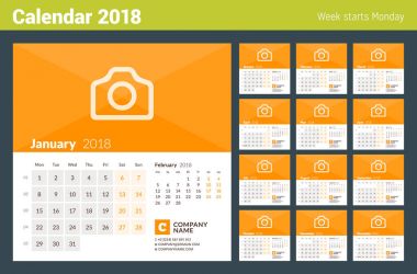 2018 yıl için takvim. Hafta Pazartesi günü başlar. 12 ay kümesi. Vektör tasarım yazdırma şablonu ile fotoğraf ve şirket bilgi için