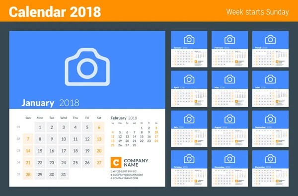 2018 yıl için takvim. Hafta Pazar günü başlar. Fotoğraf için yer ile 12 ay vektör tasarım şablonu kümesi.