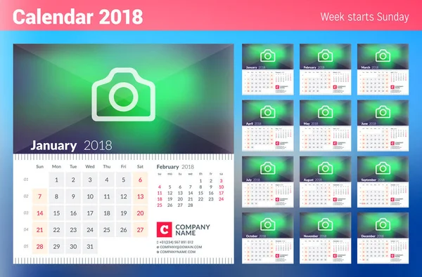 Kalender voor 2018 jaar. Week begint op zondag. Set van 12 maanden Vector ontwerpsjabloon met plaats voor foto. — Stockvector