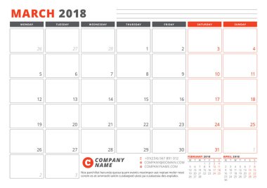 Takvim şablonu 2018 yıl için. Mart. İş planlayıcısı 2018 şablonu. İleti örneği tasarımı. Hafta Pazartesi günü başlar. 3 ay sayfasında. Vektör çizim