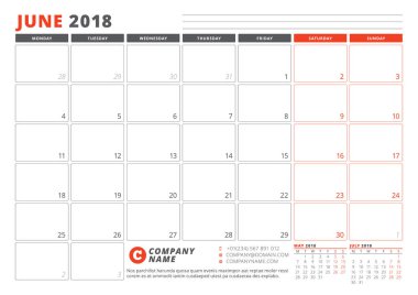 Takvim şablonu 2018 yıl için. Haziran. İş planlayıcısı 2018 şablonu. İleti örneği tasarımı. Hafta Pazartesi günü başlar. 3 ay sayfasında. Vektör çizim