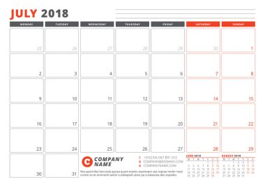 Takvim şablonu 2018 yıl için. Temmuz. İş planlayıcısı 2018 şablonu. İleti örneği tasarımı. Hafta Pazartesi günü başlar. 3 ay sayfasında. Vektör çizim