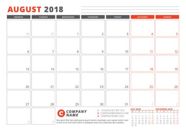 Takvim şablonu 2018 yıl için. Ağustos. İş planlayıcısı 2018 şablonu. İleti örneği tasarımı. Hafta Pazartesi günü başlar. 3 ay sayfasında. Vektör çizim
