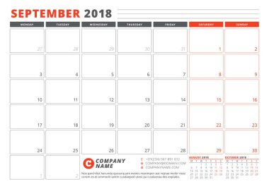 Takvim şablonu 2018 yıl için. Eylül. İş planlayıcısı 2018 şablonu. İleti örneği tasarımı. Hafta Pazartesi günü başlar. 3 ay sayfasında. Vektör çizim