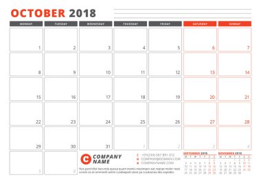 Takvim şablonu 2018 yıl için. Ekim. İş planlayıcısı 2018 şablonu. İleti örneği tasarımı. Hafta Pazartesi günü başlar. 3 ay sayfasında. Vektör çizim