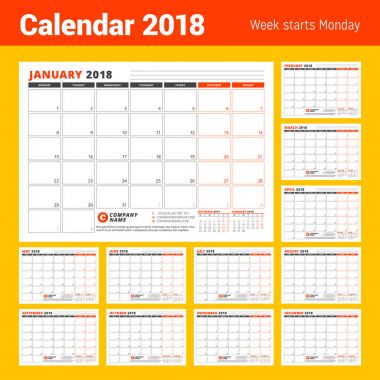 Takvim şablonu 2018 yıl için. İş planlayıcısı. İleti örneği tasarımı. Hafta Pazartesi günü başlar. 12 ay vektör çizim seti