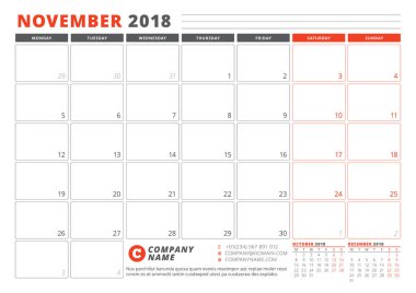 Takvim şablonu 2018 yıl için. Kasım. İş planlayıcısı 2018 şablonu. İleti örneği tasarımı. Hafta Pazartesi günü başlar. 3 ay sayfasında. Vektör çizim