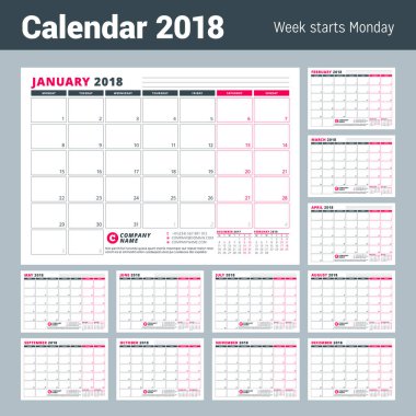 Takvim şablonu 2018 yıl için. İş planlayıcısı. İleti örneği tasarımı. Hafta Pazartesi günü başlar. 12 ay vektör çizim seti