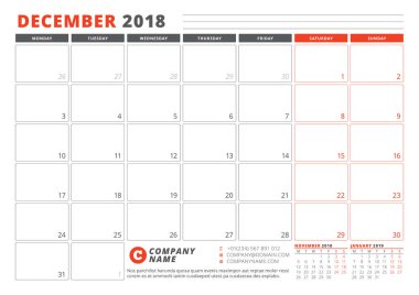 Takvim şablonu 2018 yıl için. Aralık. İş planlayıcısı 2018 şablonu. İleti örneği tasarımı. Hafta Pazartesi günü başlar. 3 ay sayfasında. Vektör çizim