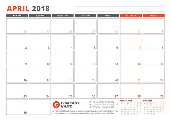 Szablon kalendarza w 2018 roku. Kwietnia. Business Planner 2018 szablonu. Projektowanie papeterii. Tydzień rozpoczyna się w poniedziałek. 3 miesięcy na stronie. Ilustracja wektorowa — Wektor stockowy