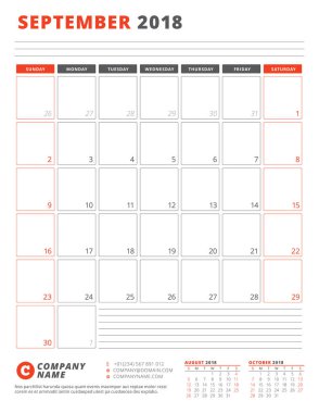 Takvim şablonu 2018 yıl için. Eylül. İş planlayıcısı 2018 şablonu. İleti örneği tasarımı. Hafta Pazar günü başlar. Vektör çizim