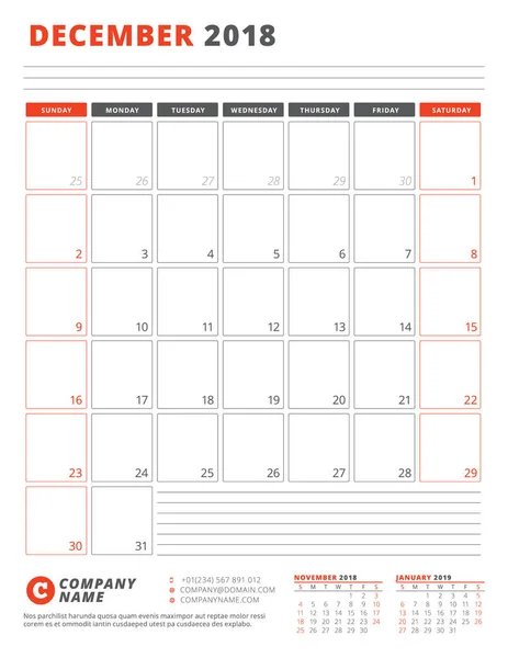 Szablon kalendarza w 2018 roku. Grudnia. Business Planner 2018 szablonu. Projektowanie papeterii. Tydzień rozpoczyna się w niedzielę. Ilustracja wektorowa — Wektor stockowy