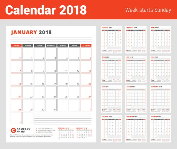 Takvim şablonu 2018 yıl için. İş planlayıcısı 2018 şablonu. 12 ay kümesi. İleti örneği tasarımı. Hafta Pazar günü başlar. Vektör çizim
