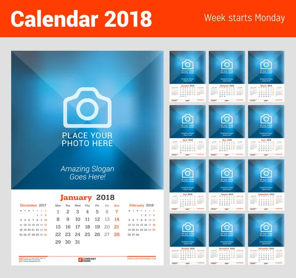 Calendário mensal de parede para 2018 Ano. Modelo de impressão de design vetorial com lugar para foto. Semana começa na segunda-feira —  Vetores de Stock