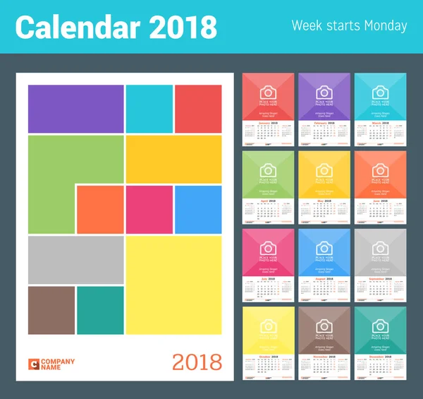 Calendário mensal de parede para 2018 Ano. Modelo de impressão de design vetorial com lugar para foto. A semana começa na segunda-feira. 12 meses e página de rosto —  Vetores de Stock