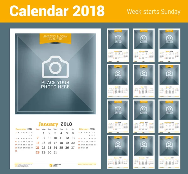 Calendário de parede para 2018 Ano. Modelo de impressão de design vetorial com lugar para foto. Semana começa no domingo —  Vetores de Stock