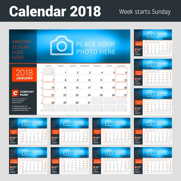 Calendário planejador para 2018 Ano. Modelo de Design de Vetor com Lugar para Foto. A semana começa no domingo. Grade de calendário com números da semana. Conjunto de 12 Meses —  Vetores de Stock