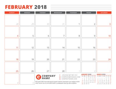 Takvim planlayıcısı şablonu Şubat 2018. İş planlayıcısı şablonu. İleti örneği tasarımı. Hafta Pazar günü başlar. 3 ay sayfasında. Vektör çizim