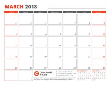 Takvim planlayıcısı şablonu Mart 2018. İş planlayıcısı şablonu. İleti örneği tasarımı. Hafta Pazar günü başlar. 3 ay sayfasında. Vektör çizim