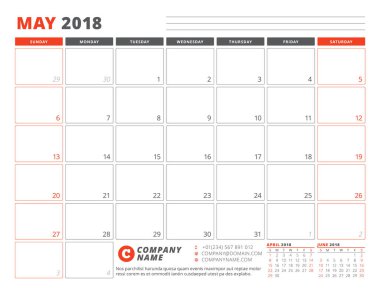 Mayıs 2018 takvim planlayıcısı şablonu. İş planlayıcısı şablonu. İleti örneği tasarımı. Hafta Pazar günü başlar. 3 ay sayfasında. Vektör çizim