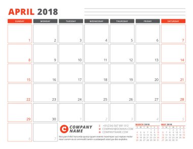 Nisan 2018 takvim planlayıcısı şablonu. İş planlayıcısı şablonu. İleti örneği tasarımı. Hafta Pazar günü başlar. 3 ay sayfasında. Vektör çizim