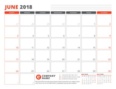 Haziran 2018 takvim planlayıcısı şablonu. İş planlayıcısı şablonu. İleti örneği tasarımı. Hafta Pazar günü başlar. 3 ay sayfasında. Vektör çizim