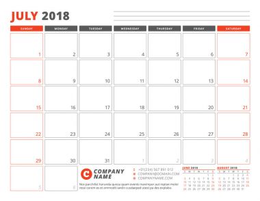 Temmuz 2018 takvim planlayıcısı şablonu. İş planlayıcısı şablonu. İleti örneği tasarımı. Hafta Pazar günü başlar. 3 ay sayfasında. Vektör çizim