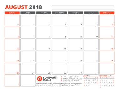 Ağustos 2018 takvim planlayıcısı şablonu. İş planlayıcısı şablonu. İleti örneği tasarımı. Hafta Pazar günü başlar. 3 ay sayfasında. Vektör çizim