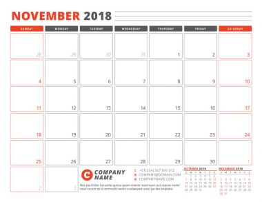 Kasım 2018 takvim planlayıcısı şablonu. İş planlayıcısı şablonu. İleti örneği tasarımı. Hafta Pazar günü başlar. 3 ay sayfasında. Vektör çizim