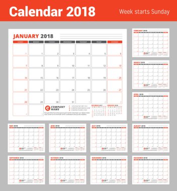 2018 yıl için takvim planlayıcısı şablonu. İş planlayıcısı şablonu. İleti örneği tasarımı. Hafta Pazar günü başlar. Vektör çizim