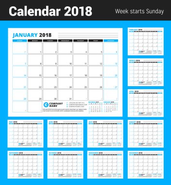 2018 yıl için takvim planlayıcısı şablonu. İş planlayıcısı şablonu. İleti örneği tasarımı. Hafta Pazar günü başlar. Vektör çizim