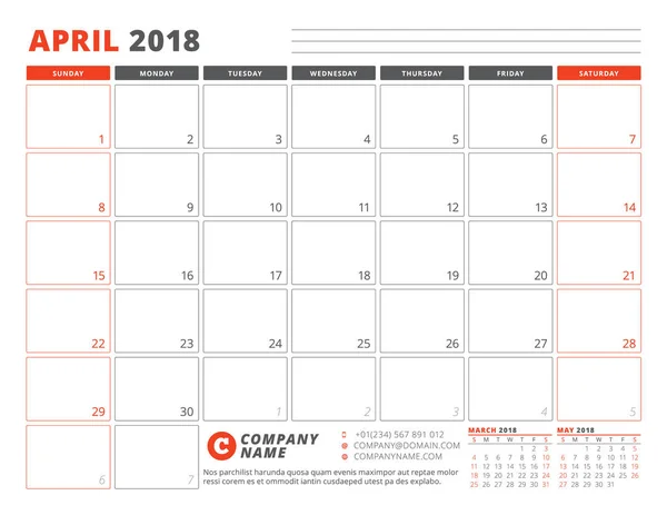 Planner kalendarz szablon dla kwietnia 2018 r. Szablon planowania biznesowego. Projektowanie papeterii. Tydzień rozpoczyna się w niedzielę. 3 miesięcy na stronie. Ilustracja wektorowa — Wektor stockowy