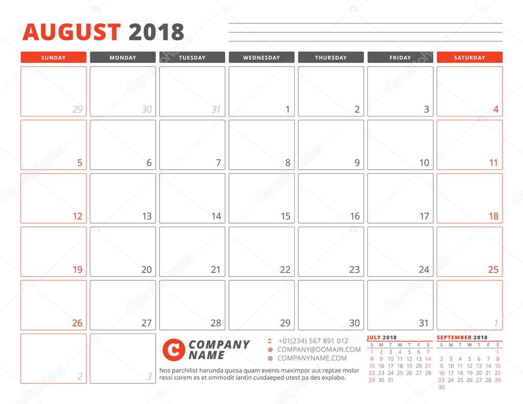 Calendar Planner Template for August 2018. Business Planner Template. Stationery Design. Week starts on Sunday. 3 Months on the Page. Vector Illustration