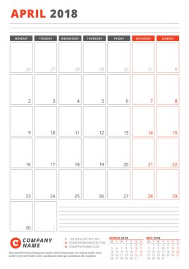 Takvim şablonu Nisan 2018. İş planlayıcısı 2018 şablonu. İleti örneği tasarımı. Hafta Pazartesi günü başlar. Vektör çizim