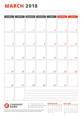 Takvim şablonu Mart 2018. İş planlayıcısı 2018 şablonu. İleti örneği tasarımı. Hafta Pazartesi günü başlar. Vektör çizim