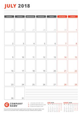 Takvim şablonu Temmuz 2018. İş planlayıcısı 2018 şablonu. İleti örneği tasarımı. Hafta Pazartesi günü başlar. Vektör çizim