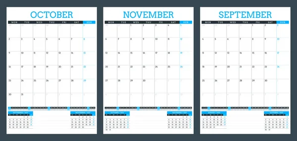 Šablona kalendáře Plánovač pro podzim 2017. Září, říjen, listopad. Šablona návrhu tisku vektor — Stockový vektor