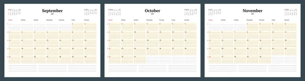 Plantilla de planificador de calendario para otoño de 2017. Septiembre, octubre, noviembre. Plantilla vectorial diseño impresión — Vector de stock