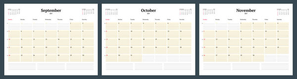 Шаблон планировщика календаря на осень 2017 года. Сентябрь, октябрь, ноябрь. Векторный шаблон
