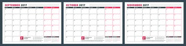 Modelo de planejador de calendário para o outono de 2017. Setembro, Outubro, Novembro. Modelo de vetor de impressão de design — Vetor de Stock