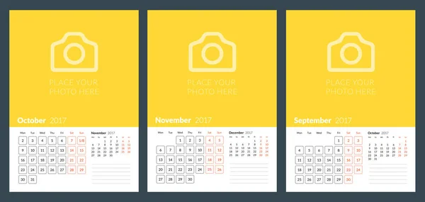 Modelo de planejador de calendário para o outono de 2017. Setembro, Outubro, Novembro. Modelo de vetor de impressão de design —  Vetores de Stock