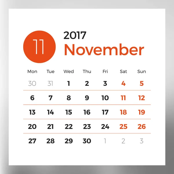 对 11 月 2017 年日历计划模板。周从星期一开始。设计色彩背景上孤立的打印矢量模板 — 图库矢量图片