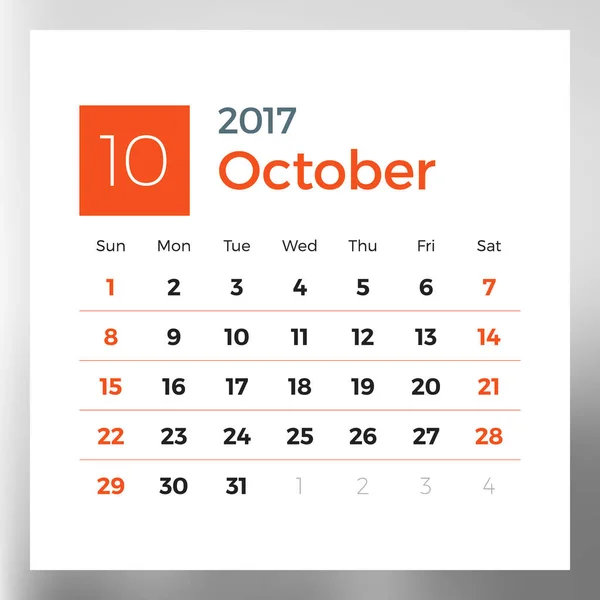 Takvim planlayıcısı şablon Ekim 2017. Hafta Pazar günü başlar. Renk arka plan üzerinde izole tasarım yazdırma vektör şablonu — Stok Vektör