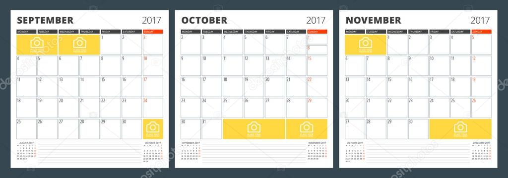 Calendar planner template for autumn 2017. September, October, November. Design print vector template