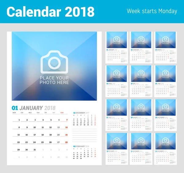 Modelo de planejador de calendário de parede para 2018 ano. Modelo de impressão de design vetorial com lugar para foto. A semana começa na segunda. Conjunto de 12 meses —  Vetores de Stock