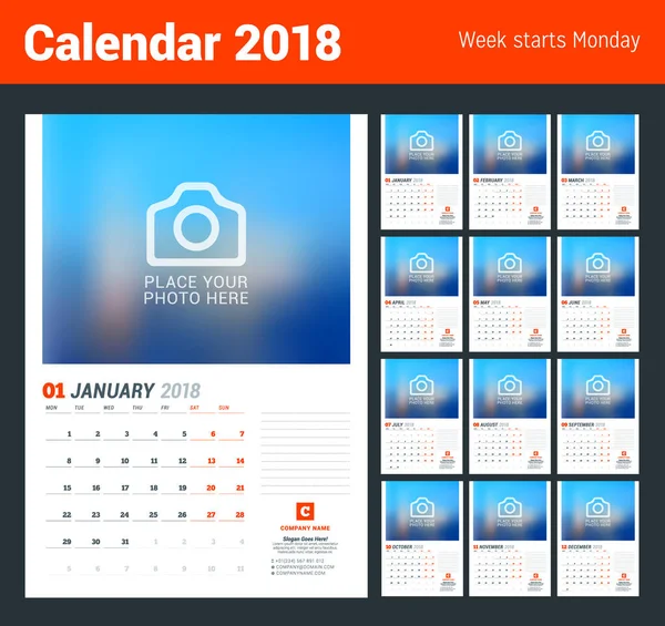 Modelo de planejador de calendário de parede para 2018 ano. Modelo de impressão de design vetorial com lugar para foto. A semana começa na segunda. Conjunto de 12 meses —  Vetores de Stock