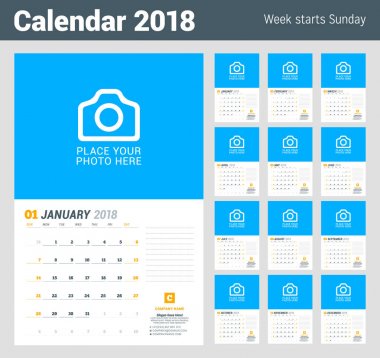 Duvar takvimi planlayıcısı şablonu. Vektör tasarım yer için fotoğraf yazdırma şablonu. Hafta Pazar günü başlar. Sayfa 3 ay