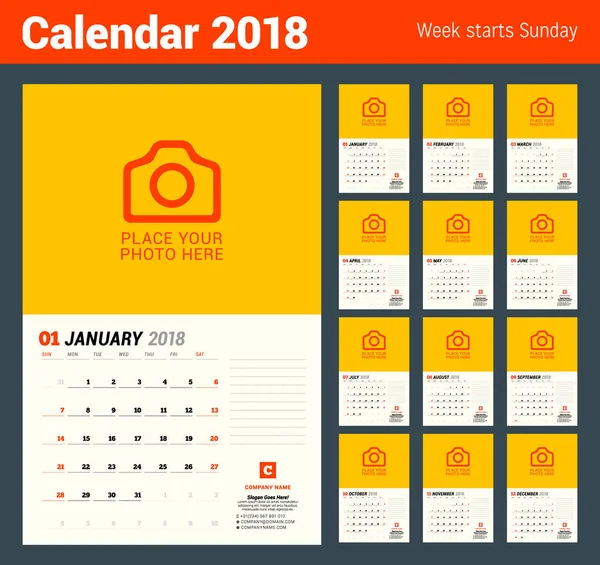 Modelo de planejador de calendário de parede para. Modelo de impressão de design vetorial com lugar para foto. A semana começa no domingo. 3 Meses na página —  Vetores de Stock