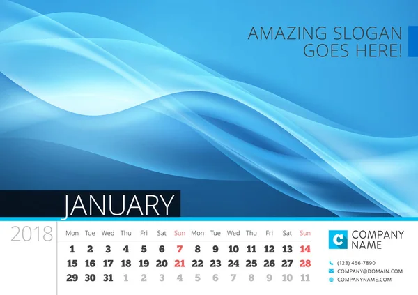 Календарь столов на 2018 год. Январь. Шаблон векторной печати с абстрактным фоном. В понедельник начинается неделя — стоковый вектор