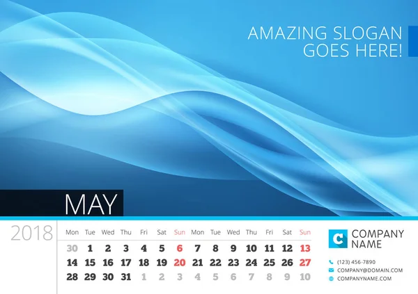 Schreibtisch Linie Kalender für 2018 Jahr. Mai. Vektor Design Druckvorlage mit abstraktem Hintergrund. Woche beginnt am Montag — Stockvektor